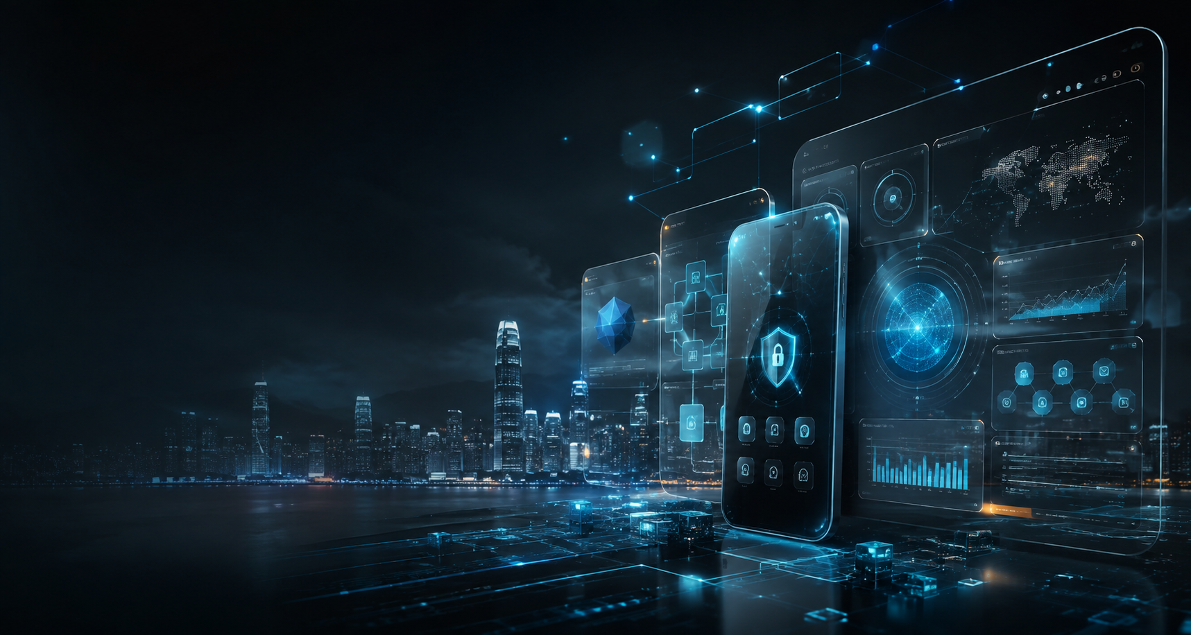 Futuristic AI enterprise mobile software interface